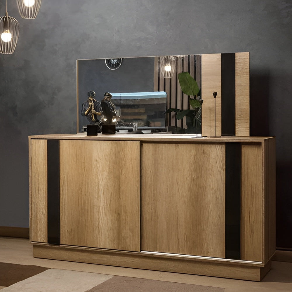 Wooden sideboard with decorative items against a dark wall
