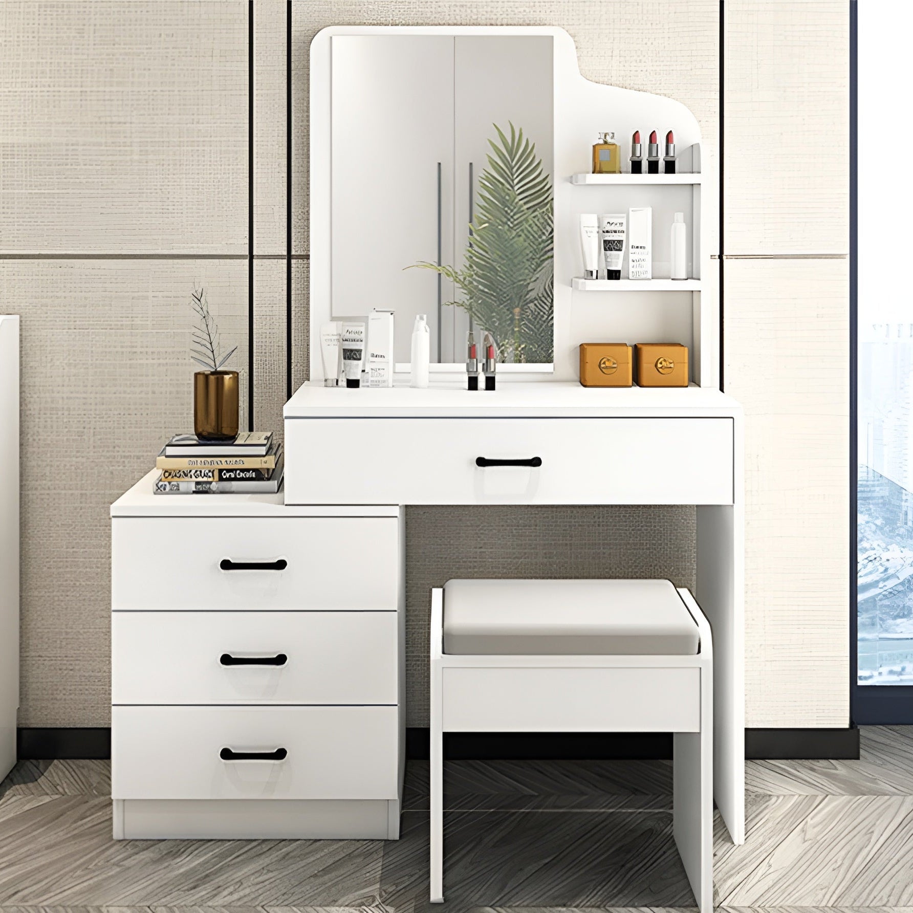 White vanity table with mirror and stool in a room setting