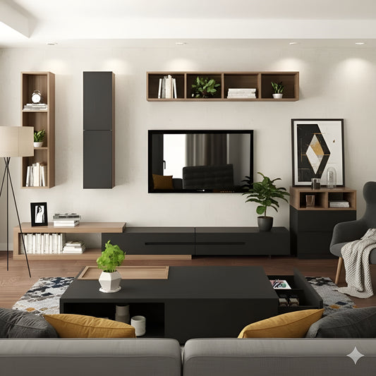 Modern living room with a television, shelves, and decorative items.