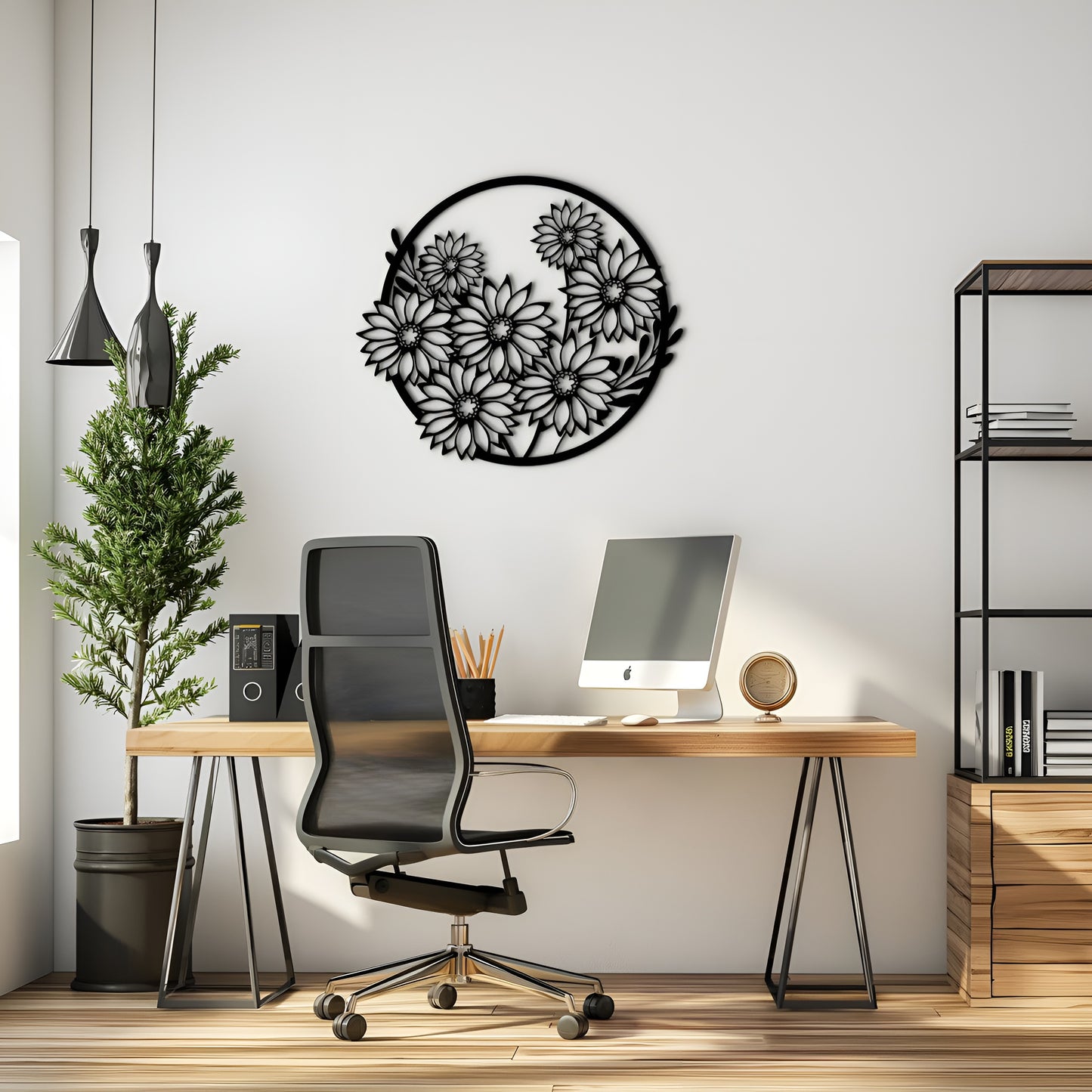 Modern office setup with a wooden desk, chair, and decorative wall art.