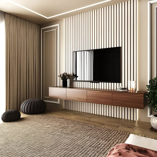 Modern living room with a wooden TV stand, television, and decorative elements.