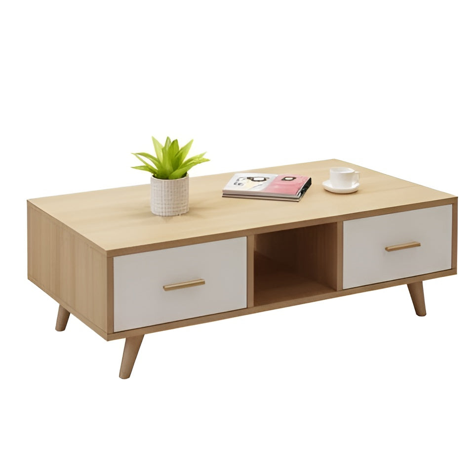 Wooden coffee table with white drawers, plant, and books on a white background