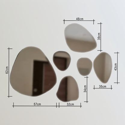 Set of pebble-shaped mirrors with dimensions indicated