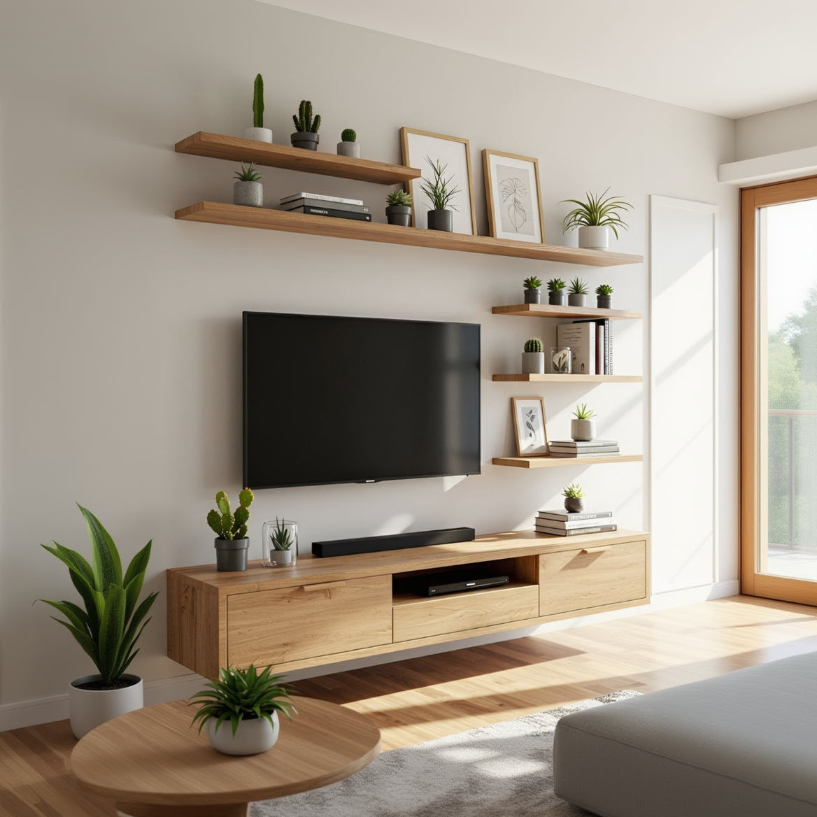 Modern living room with wooden entertainment console, TV, and shelves.