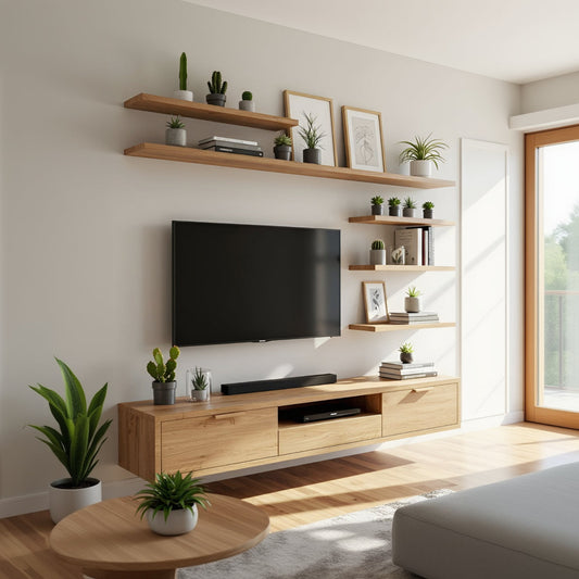 Modern living room with wooden entertainment console, TV, and shelves.