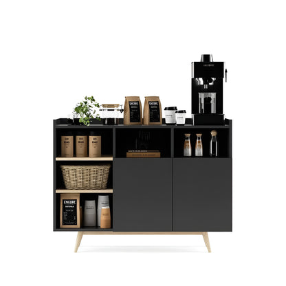 Black and white coffee station with coffee-making equipment and supplies on a white background