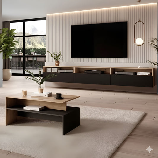 Modern living room with a TV mounted on a wall, a coffee table, and decorative elements.