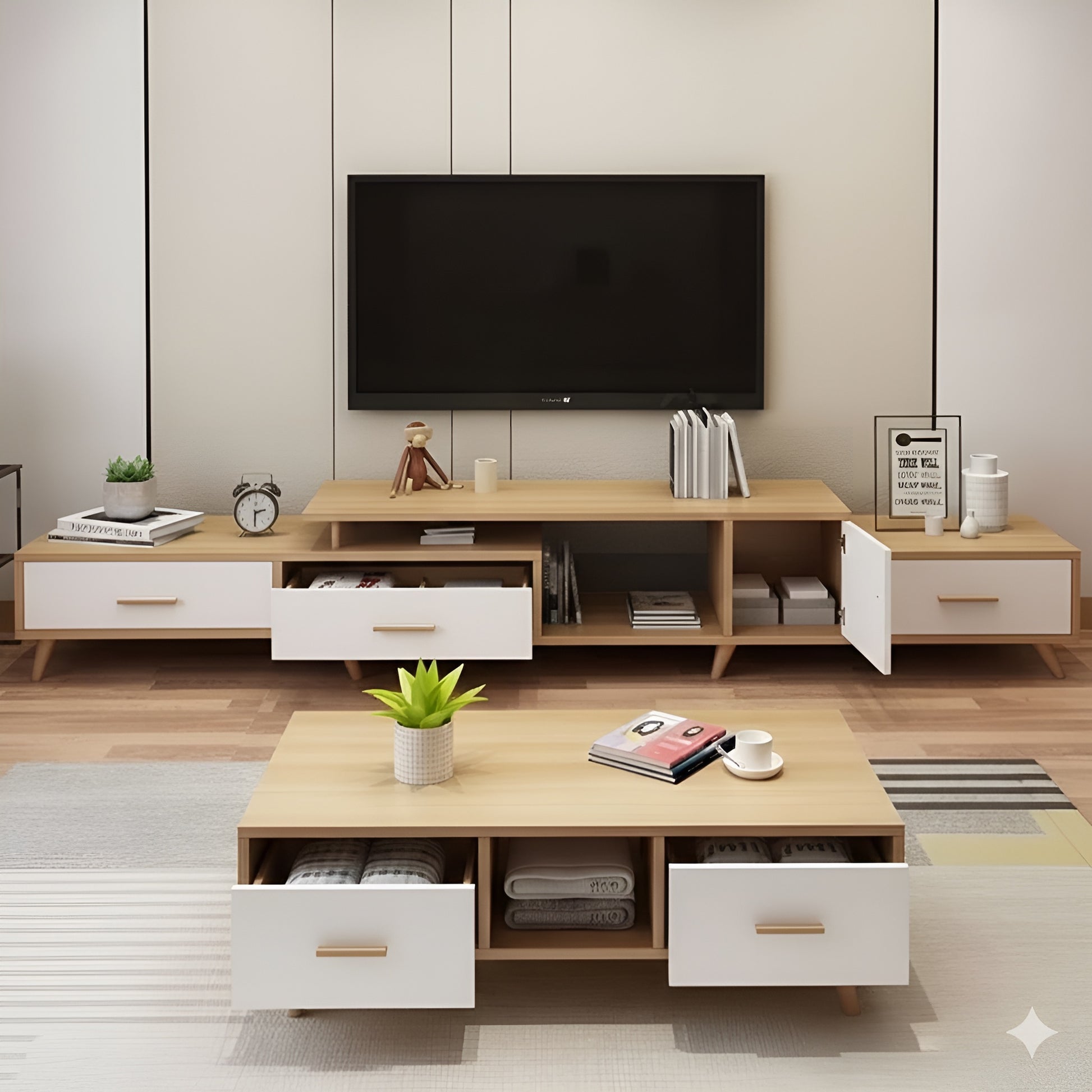Modern living room with wooden TV stand and coffee table.