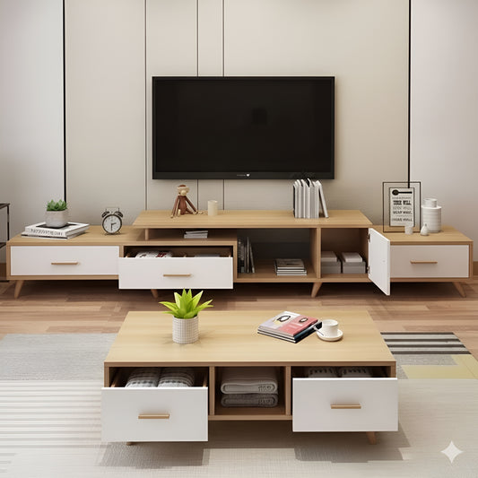 Modern living room with wooden TV stand and coffee table.