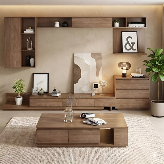 Modern living room with wooden furniture and decor