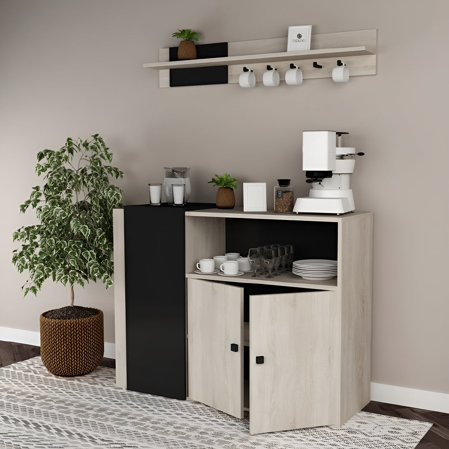 Small kitchenette with a coffee maker, cups, and a plant in a room with a neutral color scheme.
