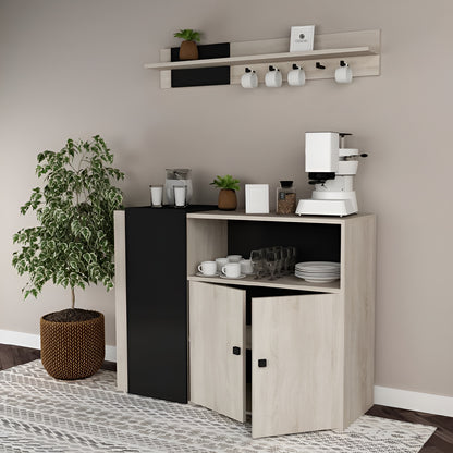 Small kitchenette with a coffee maker, cups, and a plant in a room with a neutral color scheme.
