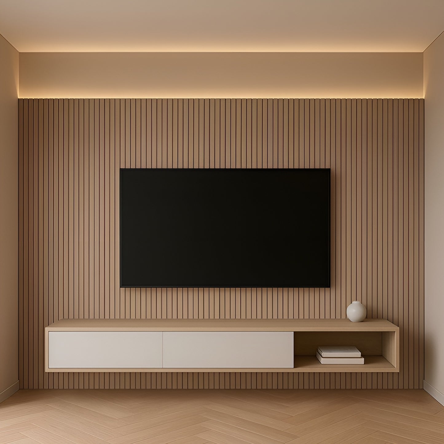 Modern living room with a television mounted on a wooden wall.