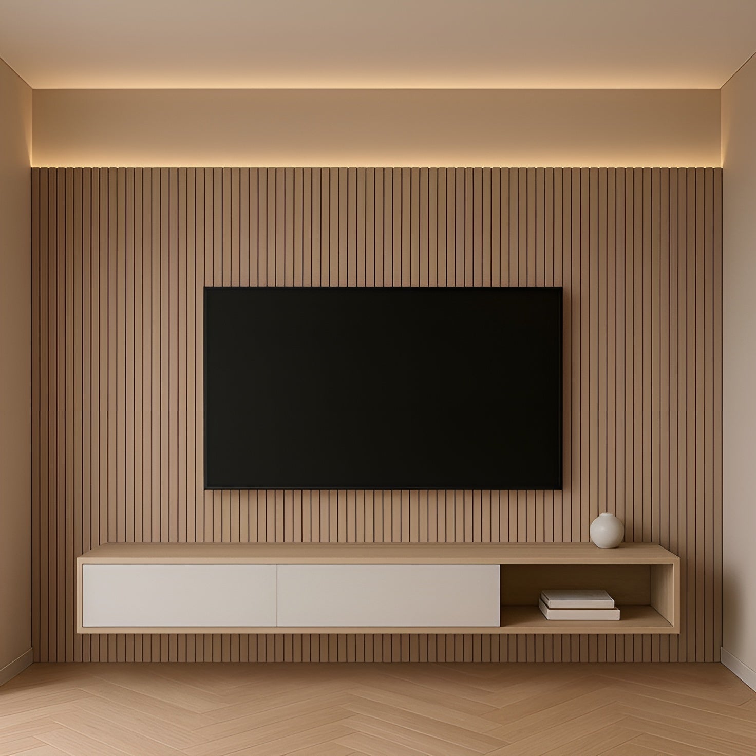 Modern living room with a television mounted on a wooden wall.