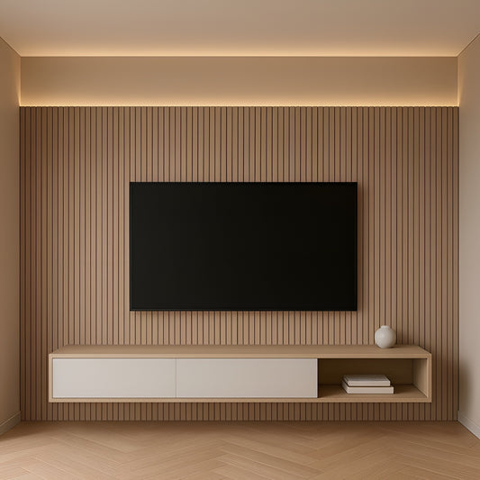 Modern living room with a television mounted on a wooden wall.