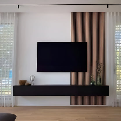 Modern living room with a television mounted on a wall with decorative wooden paneling.