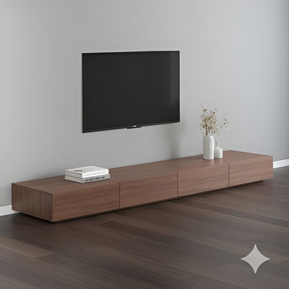 Wooden TV stand with a mounted television in a minimalistic room.