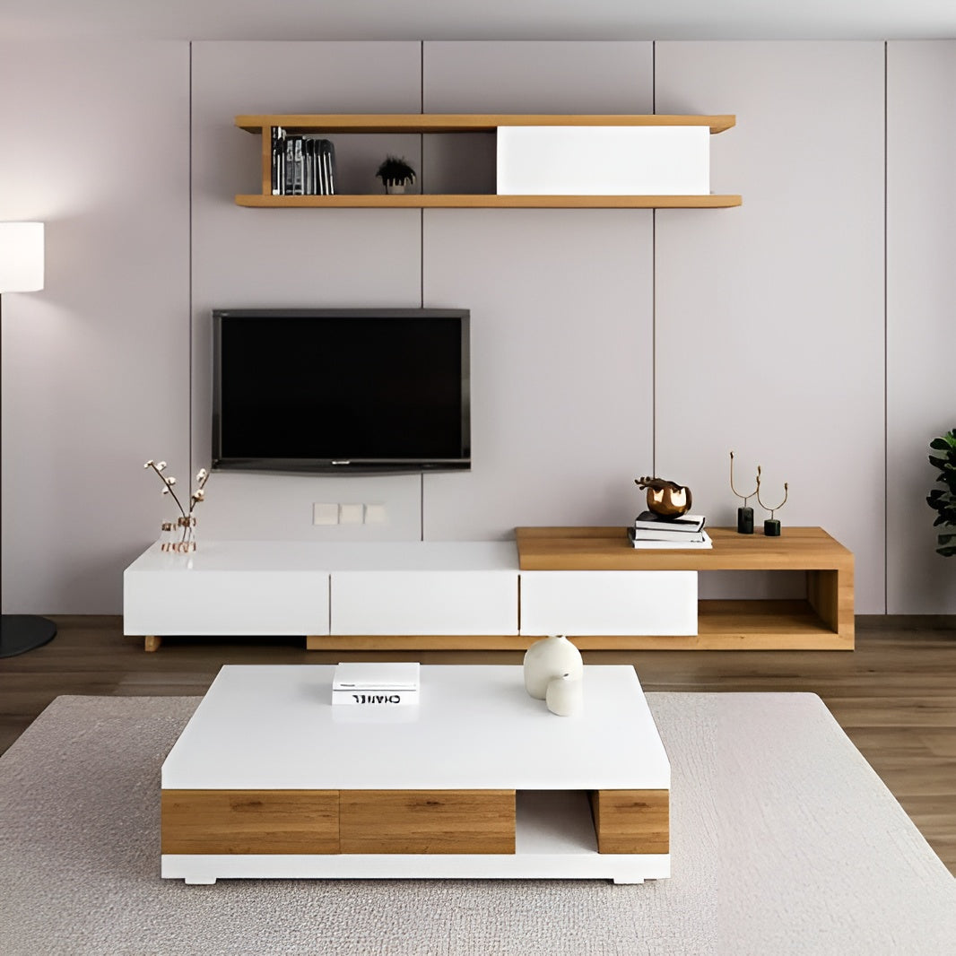 Modern living room with wooden and white entertainment unit, TV, and coffee table.