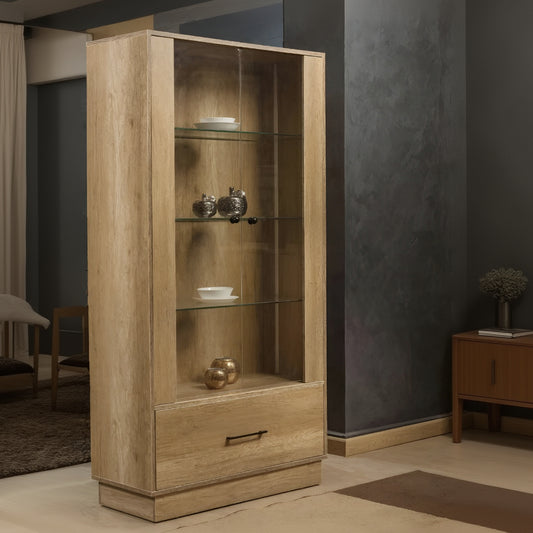 Wooden display cabinet with glass shelves against a dark wall.
