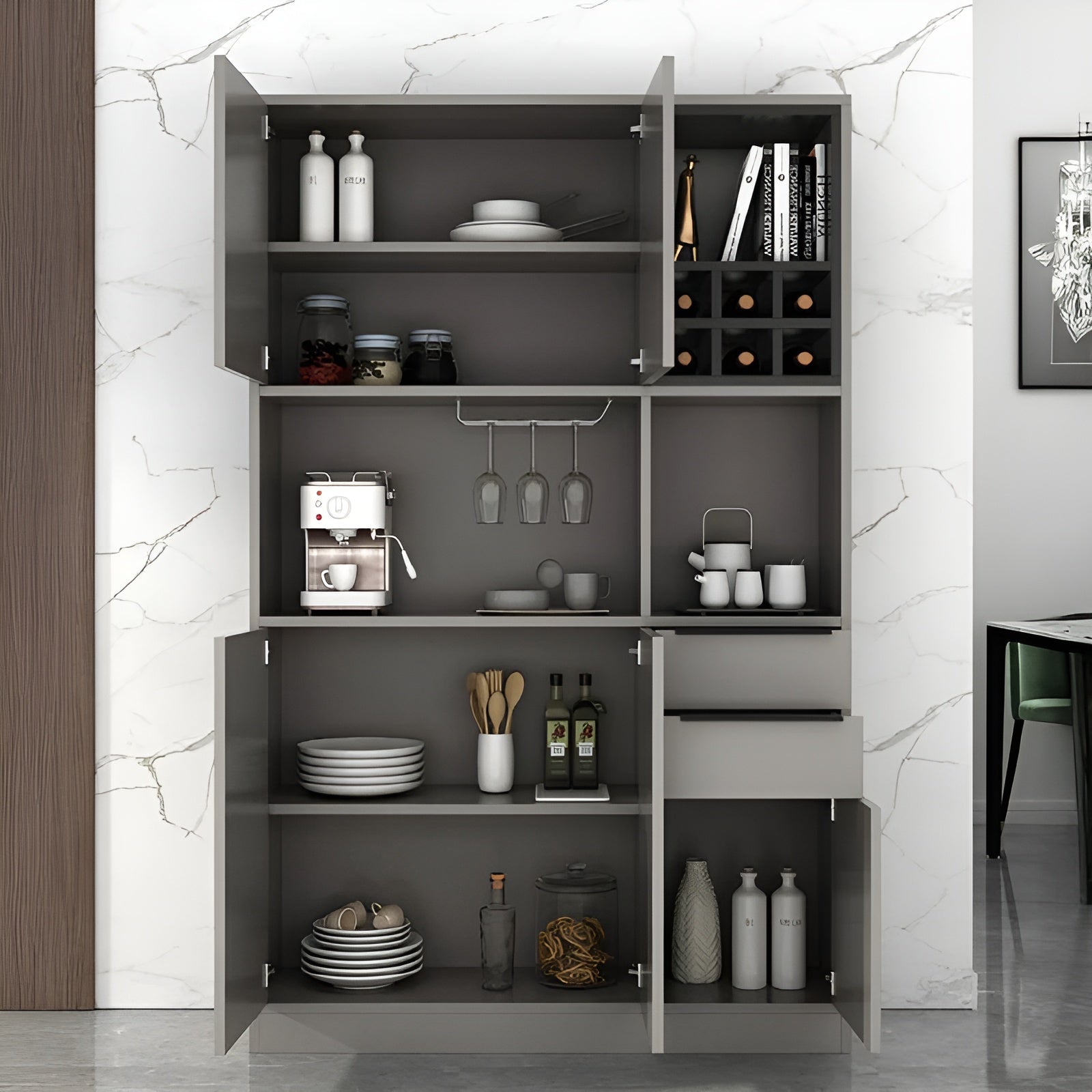 Modern kitchen cabinet with open doors displaying various kitchen items against a marble wall.