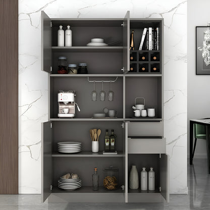 Modern kitchen cabinet with open doors displaying various kitchen items against a marble wall.