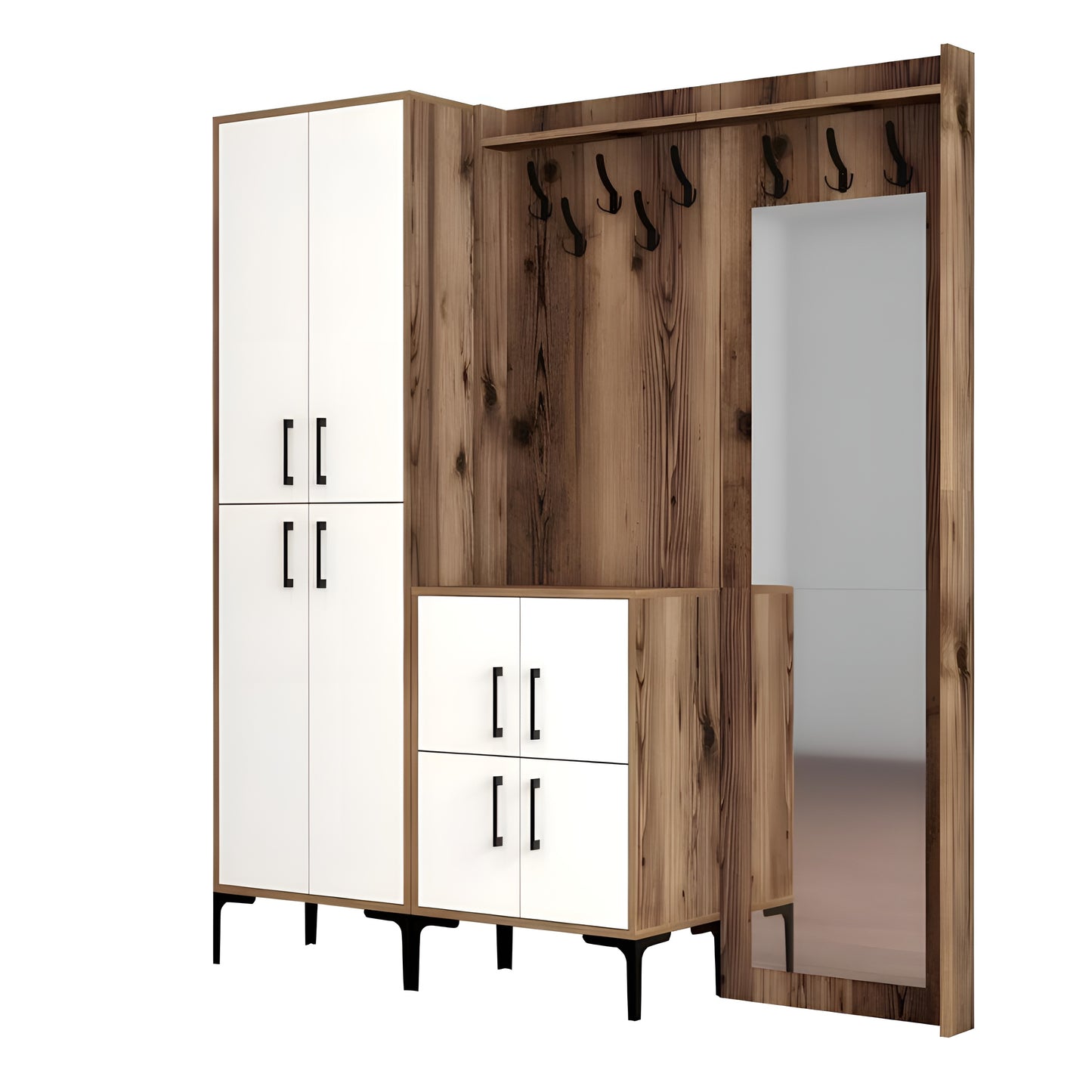 Wooden wardrobe with mirror and hooks on a white background