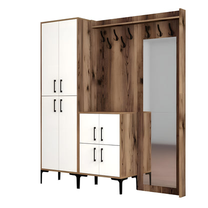 Wooden wardrobe with mirror and hooks on a white background