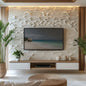 Modern living room with a textured wall, TV, and decorative elements.