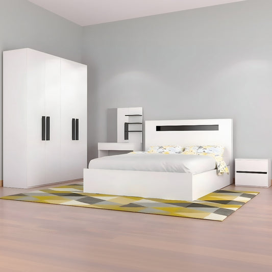 Modern bedroom set with white bed, wardrobe, and nightstands on a gray background