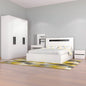 Modern bedroom set with white bed, wardrobe, and nightstands on a gray background