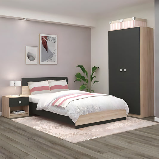 Modern bedroom with a bed, nightstands, and a wardrobe.