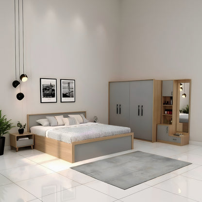 Modern bedroom with wooden bed, wardrobe, and side tables.
