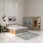 Modern bedroom with wooden bed, wardrobe, and side tables.