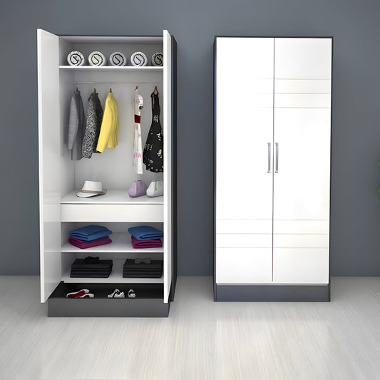 White wardrobe with clothes and shoes on shelves against a gray wall.