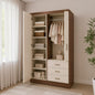 Wooden wardrobe with open doors displaying clothes, towels, and toys on a neutral background