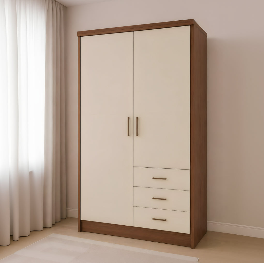 Wooden wardrobe with cream doors and drawers against a beige wall.