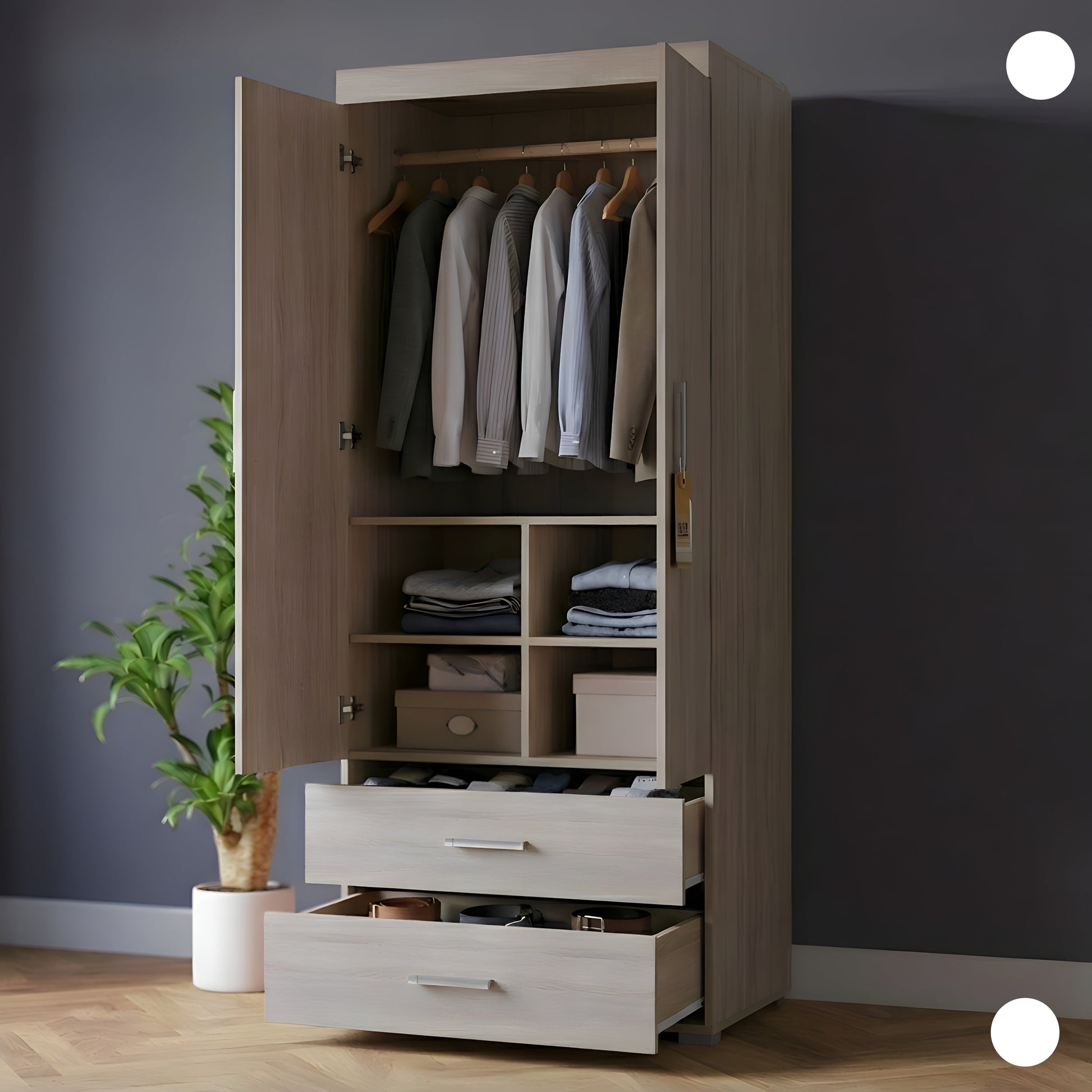 Wooden wardrobe with open doors displaying clothes and shelves against a dark wall.