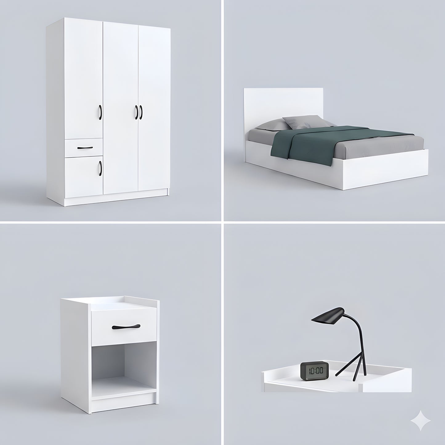 Set of white bedroom furniture including a wardrobe, bed, nightstand, and desk with lamp on a light gray background.