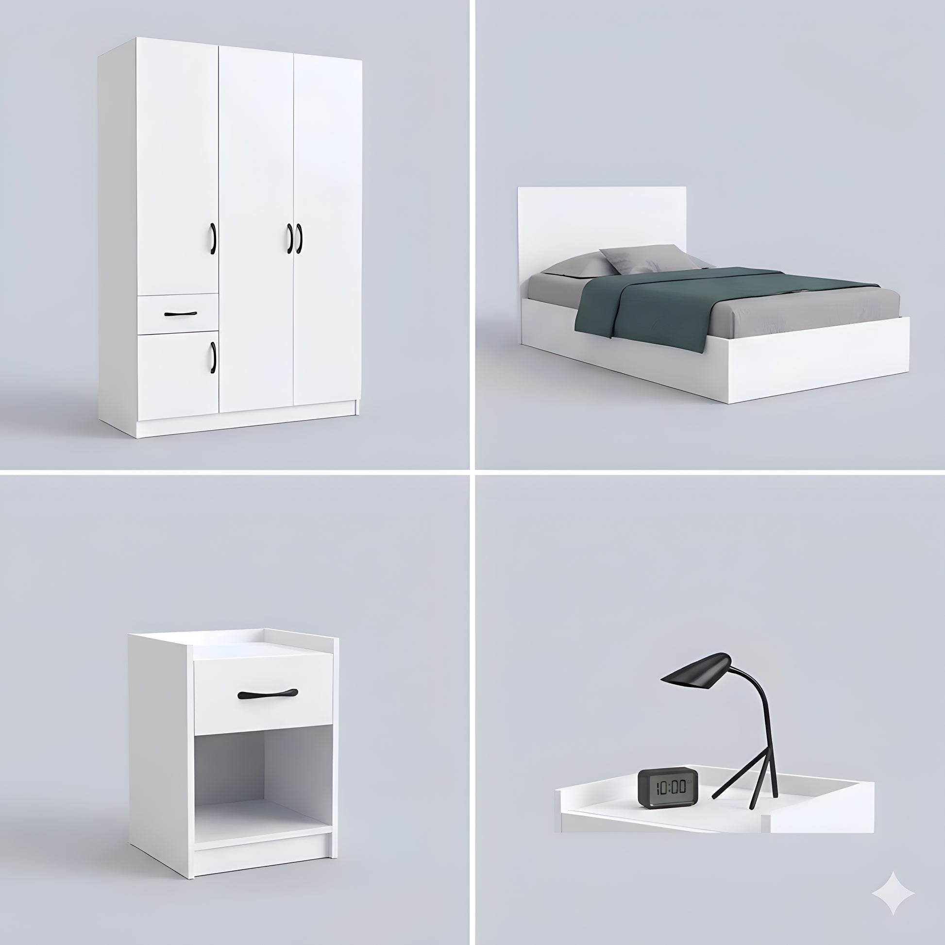 Set of white bedroom furniture including a wardrobe, bed, nightstand, and desk with lamp on a light gray background.