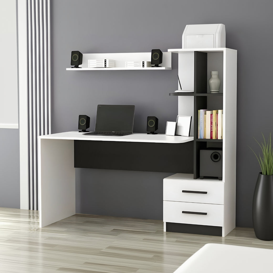 White and black L-shaped desk with shelves and a laptop in a room setting.