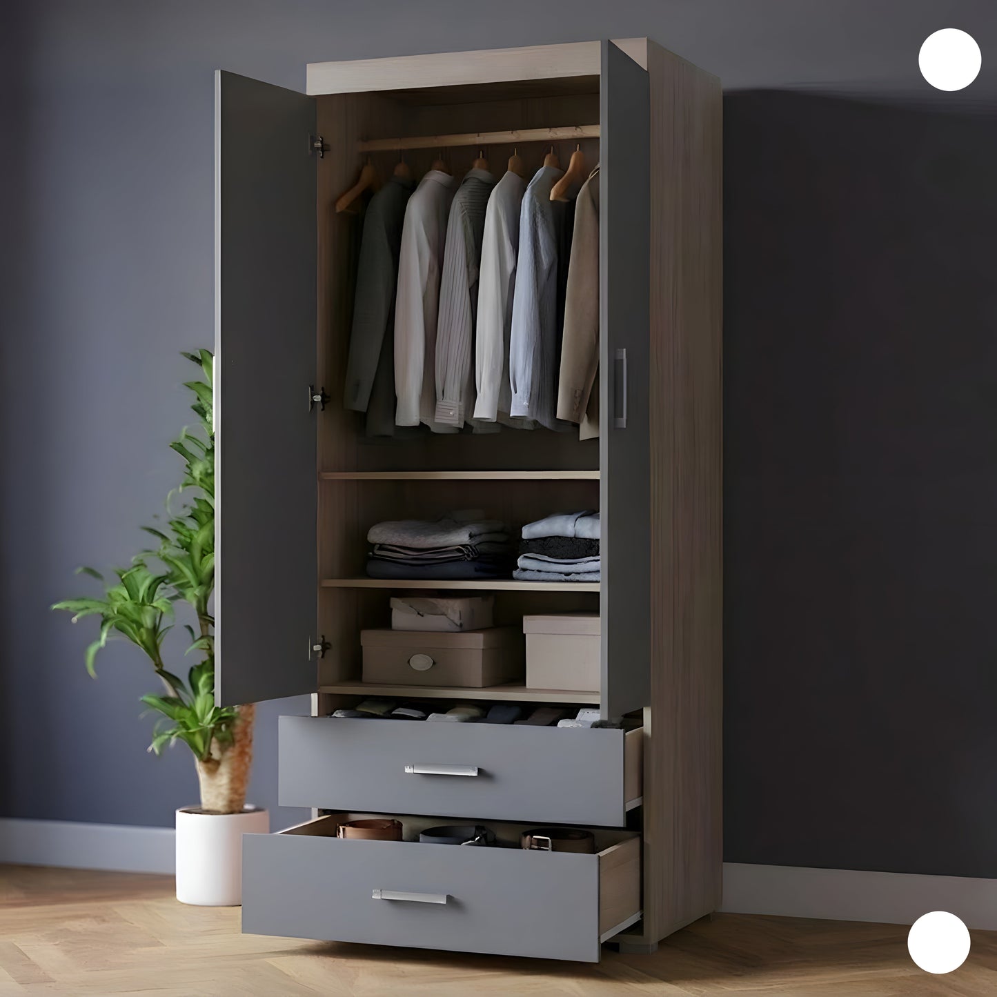 Wooden wardrobe with open doors displaying clothes and shelves against a dark wall.