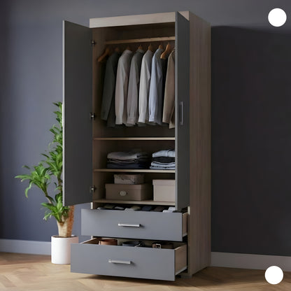 Wooden wardrobe with open doors displaying clothes and shelves against a dark wall.