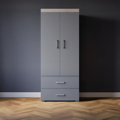 Gray wardrobe with two doors and two drawers against a dark wall.