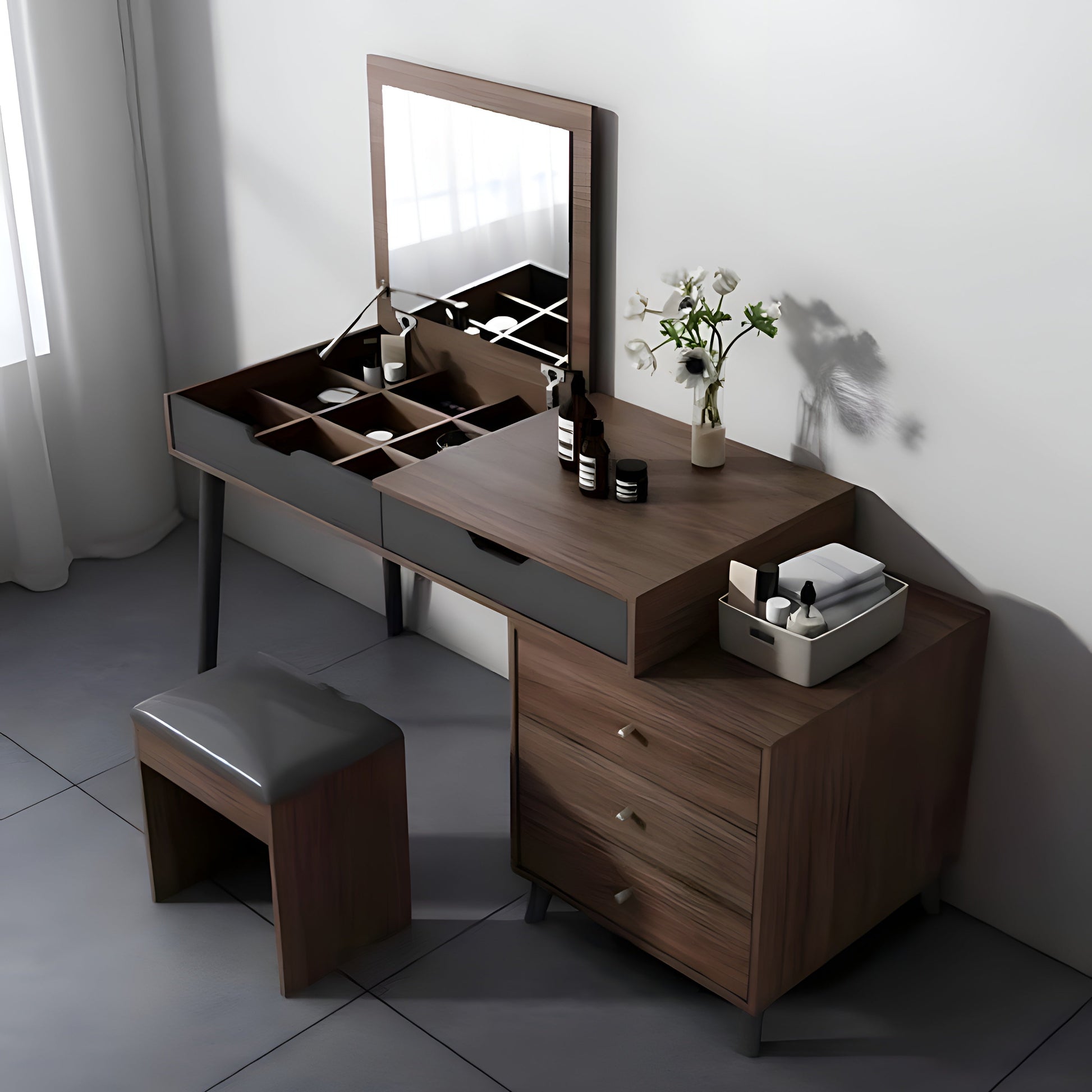 Wooden vanity table with mirror and stool in a minimalistic room.