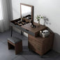 Wooden vanity table with mirror and stool in a minimalistic room.