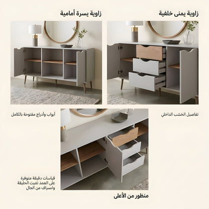 Collage of a modern sideboard with open doors and drawers, showing different angles and features.