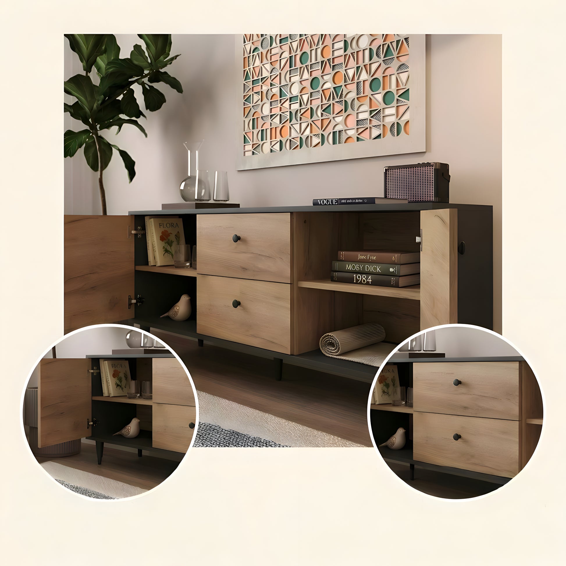 Wooden entertainment console with open drawers in a living room setting.