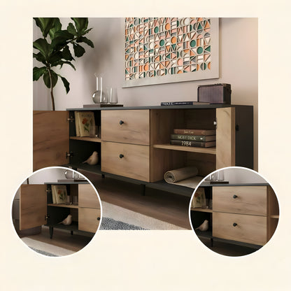 Wooden entertainment console with open drawers in a living room setting.