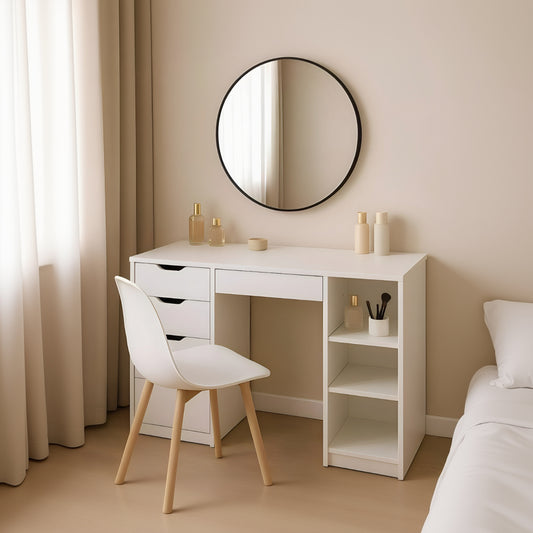 White vanity desk with round mirror and chair in a room.