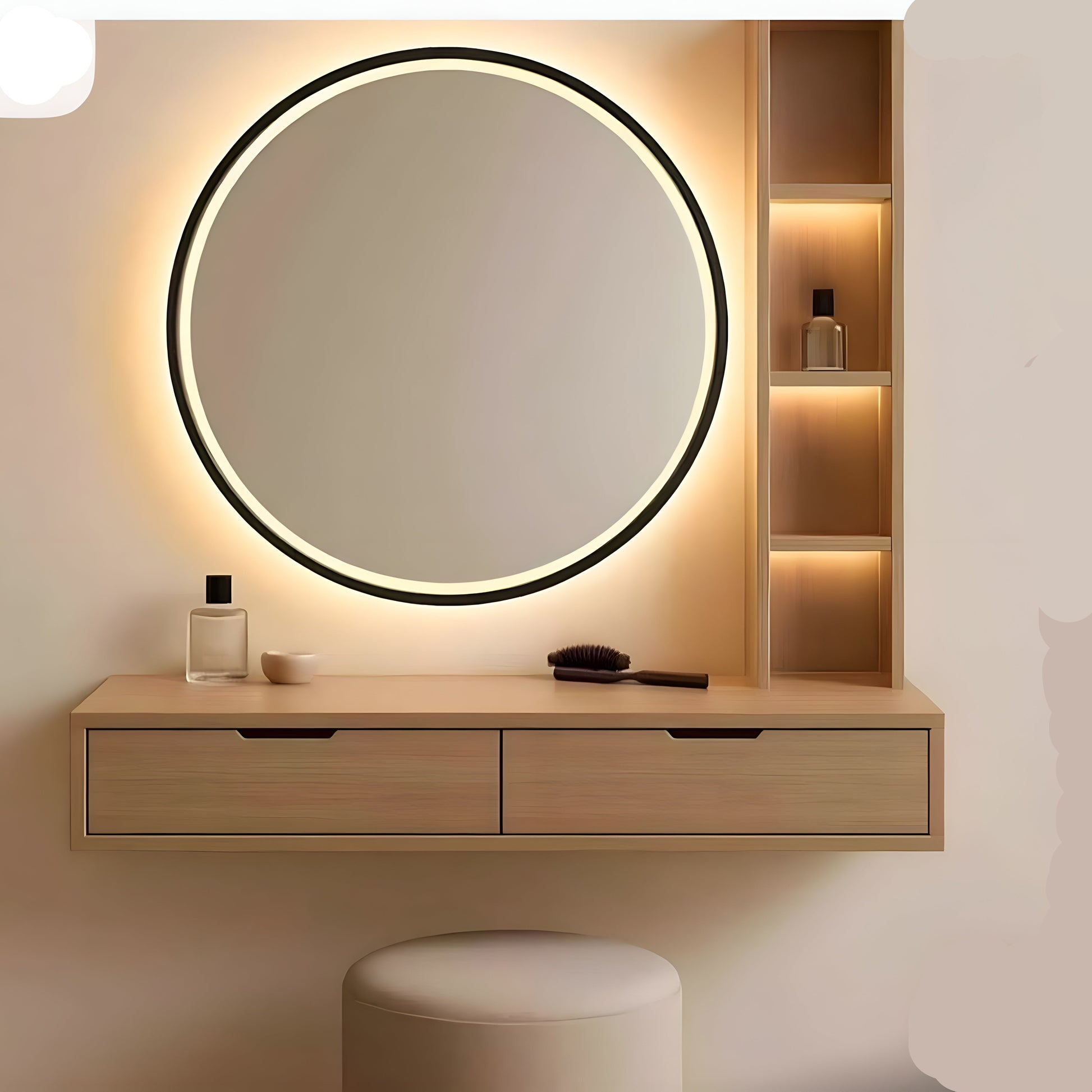 Round illuminated mirror with wooden vanity and shelves on a wall.